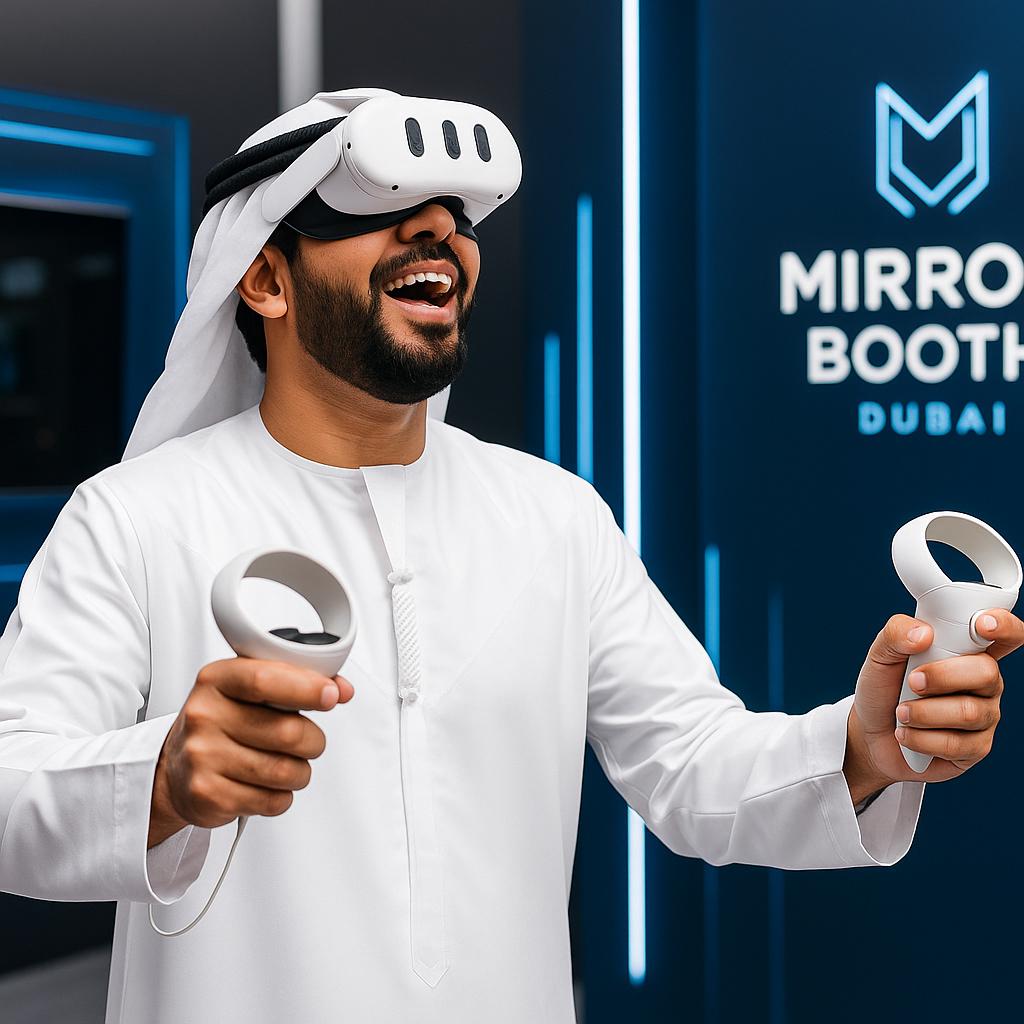Emirati man wearing VR headset, immersed in virtual reality gaming experience, promoting VR game rental and development services by mirrorboothdubai.com in Dubai